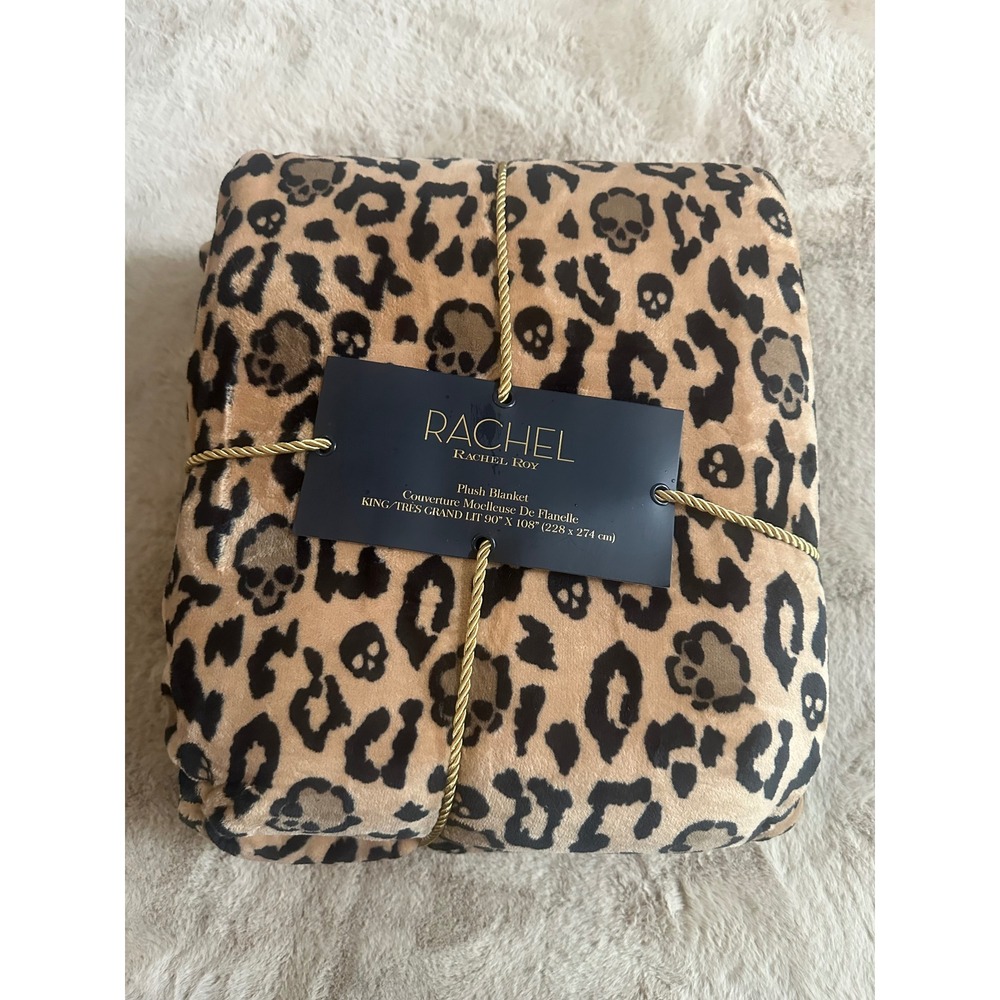 Rachel Roy King Plush Blanket Leopard Skull Print Halloween Black Tan 90x108 NEW
